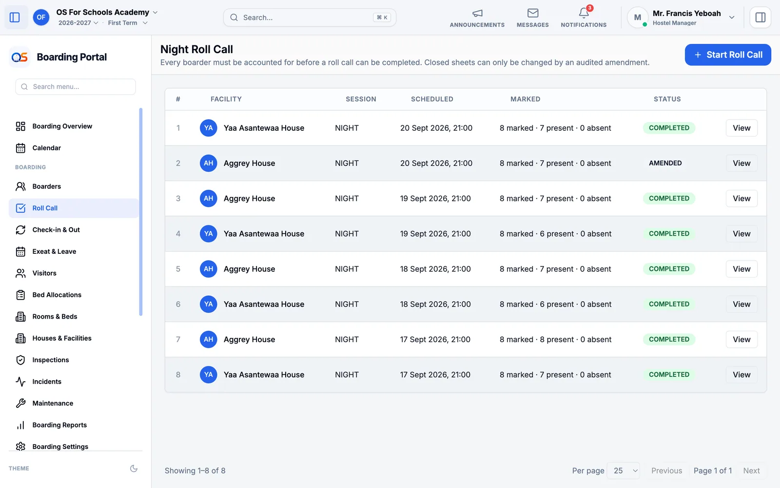 Night Roll Call: each house’s roll call with its date and time, how many were marked, present and absent, and whether it is completed or amended.