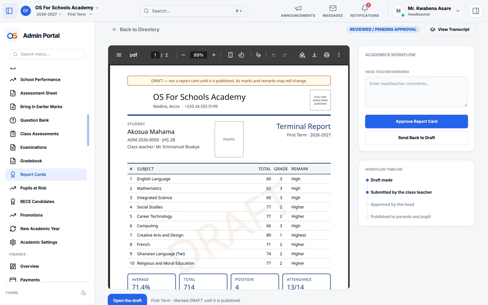 A pupil’s report card as it will print -- subjects, scores, grades, attendance and remarks -- beside when it goes to parents and the boxes for remarks.